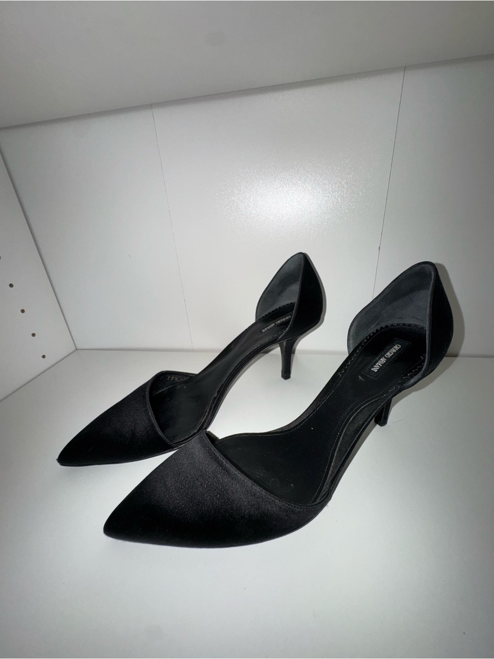 Giorgio Armani Black Satin Pointed D'Orsay Kitten Heels